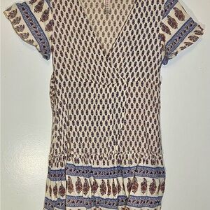 RAGA Blue and Brown Casual Mini Sundress with Flutter Sleeves and V-Neck
